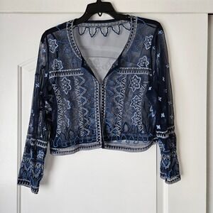 Blue Embroidered Mesh Sheer Cropped Top Floral Boho Festival Fairy Size Large